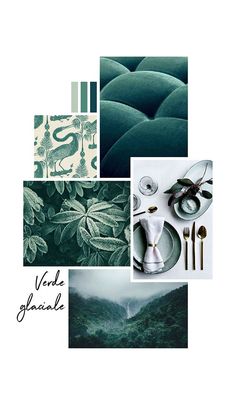 a collage of green and white photos