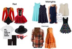 several different types of clothing that include dresses, hats, and t - shirts with words on them