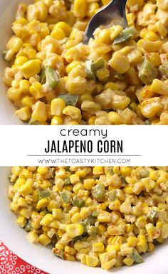 two pictures showing different types of food in white bowls and one with corn on it