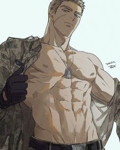 a drawing of a man with no shirt on holding his jacket over his shoulder and looking at the camera