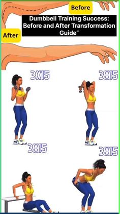 a woman doing exercises with dumbbells and the words dumbbell training steps before and after