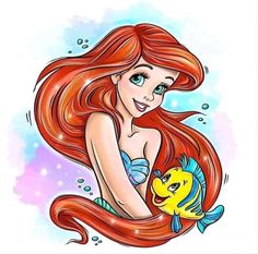 the little mermaid with long red hair and blue eyes is holding a fish in her hands