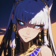 an anime character with blue eyes and long white hair wearing headdress, looking at the camera