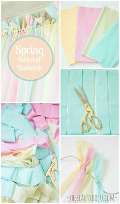 the instructions for how to make an easy diy fabric tasseled backdrop with ribbon and scissors