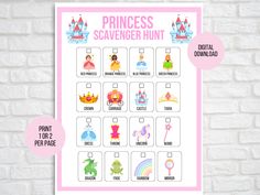 the princess scavenger hunt is displayed on a white brick wall with pink accents