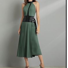 Green Dress With Belt And Pleated Skirt By Skunk. Extern: 95% Polyester 5% Elastane Leather: 100% Polyester Lining: 100% Polyester Made In Brazil Green Belted Midi Dress For Evening, Formal Fitted Belted Pleated Dress, Formal Fitted Pleated Dress With Belt, Pleated Midi Skirt Party Dress, Elegant Knee-length Belted Pleated Dress, Fitted Midi Dress For Formal Occasions, Fitted Formal Midi Dress, Pleated Green Skirt For Evening, Green Pleated Skirt For Evening