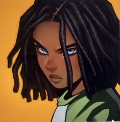 an animated image of a woman with blue eyes and dreadlocks on her head