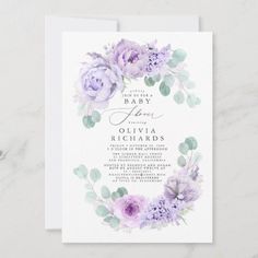 purple flowers and greenery are the focal point for this elegant floral engagement party card