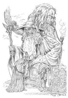 a drawing of an old wizard holding a staff with a bird on his arm and standing next to him