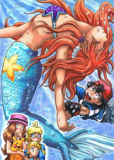 the little mermaid and her friends are swimming in the water