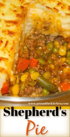 shepherd's pie in a metal pan with the words shepherd's pie on it