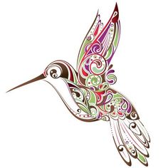 a colorful hummingbird flying in the air with swirls on it's wings