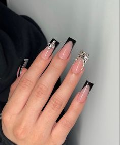 Black Matte French Tip Nails With Design, Fuerza Regida Nail Ideas, Acrylic Nails With Diamonds Rhinestones, Nails Nude, Edgy Nails, Her Nails