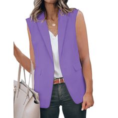 Purple Lapel Collar Sleeveless Blazer Spring Office Sleeveless Vest, Sleeveless Summer Office Vest, Casual Sleeveless Vest For Office, Purple Sleeveless Vest For Fall, Office Sleeveless Vest For Fall, Sleeveless Blazer, Lapel Collar, Blazer Suit, Blazer