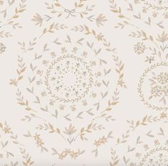 a white and gold wallpaper with floral designs