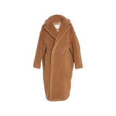 Maxmara teddy coat in camel wool blend. Approx. length: 45" from shoulder to hem Notched collar; double-breasted button front. Long sleeves. Side slip pockets. Relaxed fit. Mid-calf length. Camel wool/silk. Lining, viscose. Care instructions: Do not wash; do not bleach; do not tumble dry; do not iron; professionally dry clean perchloroethylene - mild process; do not wet clean.; protect buttons before washing.; contains non-textile parts of animal origin. Made in Italy. Brown Long Fur Coat For Work, Max Mara Teddy Coat, Silk Coat, Cold Weather Fashion, Wrap Coat, Teddy Coat, Camel Coat, Oversized Coat, Oversized Style