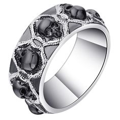 Every skull in this ring is watching you and your surrounding. no detail can escape from your hunter instinct. black or silver, it's your choice, my friend! Stainless Steel 316L : does not blacken, resistant to chlorine No form of discomfort on your skin Neat details Weight: 20gr STANDARD SHIPPING OFFERED ☠️ Refer to our MEASURING GUIDE if you're not sure what size to order.. ☠️👉Discover our collection Skull Rings Skeleton Wedding Rings, Mens Skull Engagement Rings, Black Skull Ring, Evil Skull, Goth Ring, Gothic Skeleton, Skull Wedding Ring, Gothic Engagement Ring, Skull Engagement Ring