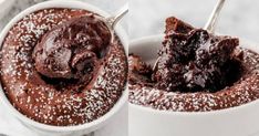 two bowls filled with brownie pudding and one has a spoon sticking out of it