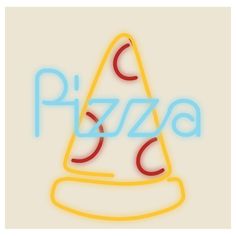 a neon sign that says pizza with a hat on it's head and the word pizza written in blue