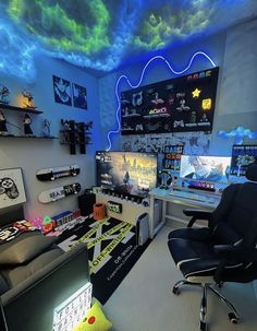 a room filled with lots of computer screens and desks covered in video game memorabilia