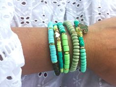 "Fun, summerly Beaded Stack of Stretch Bracelets, handcrafted with delicate turquoise, green, sea green and gold beads that will add a festive, happy and boho vibe to any outfit.  This fashion accessory includes a stack of 5 bracelets that are stretchy, one size, providing a unique and comfortable style. Our bracelets have been designed with high-quality materials, expertly crafted to ensure durability and long-lasting wear. The stretchable feature makes them a versatile option collection that c Green Stackable Beaded Bracelets With Round Beads, Stackable Green Beaded Bracelets As Gift, Green Stackable Beaded Bracelets As Gift, Adjustable Green Stackable Beaded Bracelets, Adjustable Stackable Green Beaded Bracelets, Adjustable Green Jewelry For Vacation, Green Bracelets With Colorful Beads For Beach, Green Beaded Friendship Bracelet For Vacation, Hand-strung Turquoise Beaded Bracelets For Summer