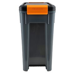 a trash can with an orange lid and black bottom, sitting on a white background