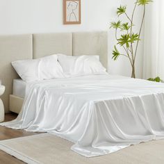 a bed with white sheets and pillows in a room next to a potted plant