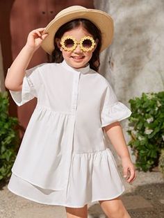 White Cute Collar Half Sleeve Woven Fabric Plain Smock Embellished Non-Stretch Young Girls Clothing Shein Kids, Kids Gown, Baby Clothes Patterns, Flounce Sleeve, Dresses Kids Girl, Toddler Girl Dresses