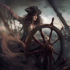 a painting of a woman on a ship steering the wheel