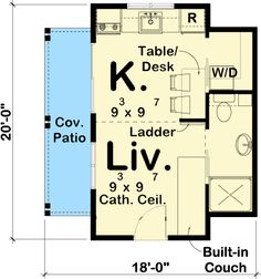 the floor plan for a small house with two bathrooms and an attached kitchenette area