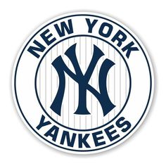 the new york yankees logo is shown in blue and white on a circular sticker