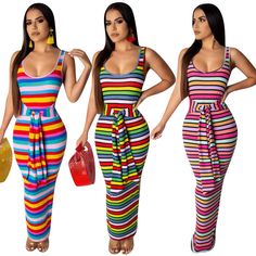 Colorful Stripes Strappy Tank Ankle-length Maxi Dress Fitted Multicolor Maxi Dress For Summer, Casual Colorful Pattern Maxi Dress For Party, Multicolor Midi Dress With Vibrant Print For Day Out, Multicolor Midi Dress For Beach Season, Casual Colorful Patterned Maxi Dress, Multicolor Maxi Dress With Colorful Pattern For Spring, Party Multicolor Maxi Dress With Colorful Pattern, Multicolor Midi Dress For Beach Party, Sleeveless Multicolor Print Maxi Dress For Day Out