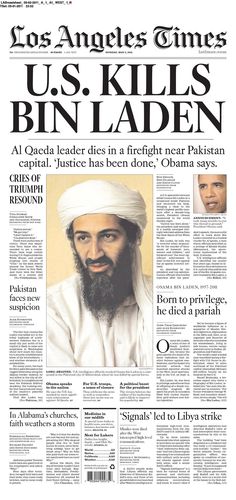 the front page of los angeles times, with an image of bin ladenn on it