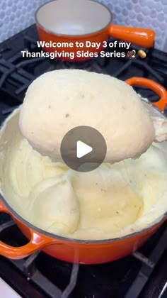 an orange pot filled with ice cream on top of a burner oven next to a white plate