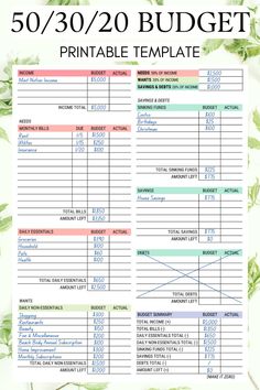 a printable budget sheet with the words, 50 / 30 / 20 budget