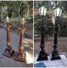 two lamps are sitting next to each other on the ground and one is turned upside down