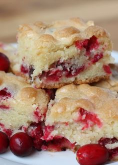 two pieces of cherry crumb cake on a plate