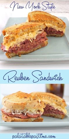 a sandwich cut in half sitting on top of a blue plate with the words reuben sandwhich