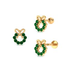 Product Details Make a stylish and minimal statement this holiday season with our Christmas Wreath Earring, crafted in Gold and adorned with Round Cut Emeralds in Prong Setting. This versatile Piercing Earring can be styled on multiple piercings, such as Helix, Cartilage, Conch, or Upper Lobe Piercing, and comes with a Flat Back Closure to keep it securely in place. Adorn yourself for the special occasion with this Xmas Earring for a captivating appearance, or gift it to a loved one as a special Elegant Green Holiday Earrings, Elegant Green Earrings For Christmas, Emerald Christmas, Christmas Presents To Make, Upper Lobe Piercing, Bow Earring, Upper Lobe, Multiple Piercings, Lab Created Emerald