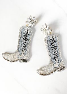 Bachelorette Party Country, Boot Earrings, Country Music Concert, Modern Cowgirl, Country Music Concerts, Gold Boots, Denim And Diamonds, Embroidered Boots, Bride Earrings