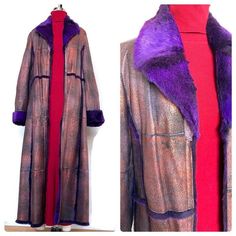 1980's long fur Coat Escada Purple and Copper Leather, Euro size 36, excellent condition. This piece is from the closet of a model who walked the runway for Escada in the 80's. She bought this from a show and wore it just a few times. It is stunning and such unique color combo. Would fit a modern US Small. The leather is pliable with no stiffening, the dyed purple fur, which might be rabbit or sheared mink, is silky soft. I am listing a lot of Vintage 1940-80's clothing the next couple of weeks Fitted Long Fur Coat With Faux Fur Lining, Long Fitted Fur Coat With Faux Fur Lining, Purple And Copper, Rocker Glam, Long Fur Coat, 80s Outfit, Couture Designers, Coat Design, Warm Coat