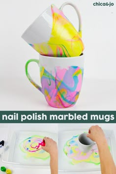 Marbled mugs Nail Polish Dipped Mug, Marbled Mugs Diy Nail Polish, Nail Polish Dipping, Nail Polish Crafts Water Marbling, Baked Marbles Crafts, Nail Polish Cups, Nail Polish Mugs Diy, Nail Polish Marbling Crafts Diy Projects, Nail Polish Dipping Water Marbling