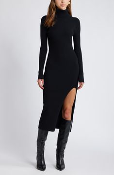 Open Edit Rib Long Sleeve Turtleneck Sweater Dress | Nordstrom Long Sweater Dress With Boots, Black Sweater Dress With Boots, Fall Dress With Boots, Long Dresses With Boots, Fall Looks For Black Women, Winter Dress Boots, Sweater Dress And Boots, Sweater Dress With Boots, Sweater Dress With Tights