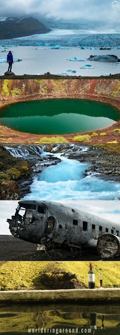 four different views of an old airplane and water