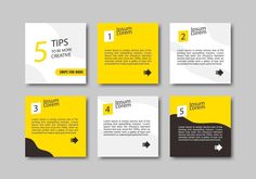 four yellow and black business brochures with arrows on the side, one for each