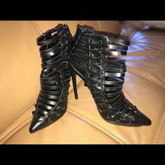 Penny Loves Kenny Black Pointed Toe Punk Heels, Black Punk Pointed Toe Heels, Black Punk Heels With Pointed Toe, Black Punk Heels For Party, Punk Lace-up Party Heels, Punk Lace-up Heels For Party, Punk Style Lace-up Party Heels, Black Punk Heels For Evening, Edgy Lace-up Heels For Spring