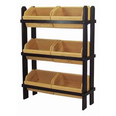 three tiered shelving unit with bins