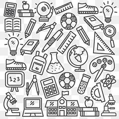 a black and white drawing of school supplies