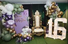 a chair and balloons are set up in front of a backdrop for a 16th birthday party