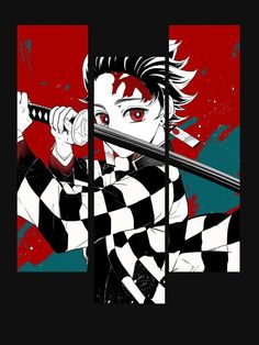 an anime character holding a baseball bat in front of red and black background with paint splatters